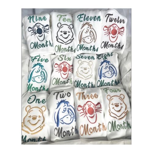 Image of Sew Regal Baby Milestone Bodysuits, Winnie the Pooh, Tigger, Eor, months 1-12, unisex, baby gift
