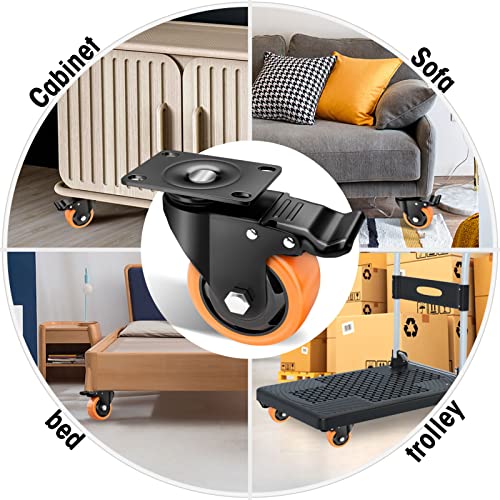 Image of 3 inch Caster Wheels Set of 8, Heavy Duty Casters with Brake, No Noise Locking Casters with Orange Polyurethane (PU) Wheels, Swivel Plate Castors Pack of 8
