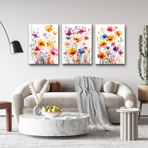 DZRWUBHS Watercolour Floral Wall Art for Living Room Canvas Wall Decor for Bedroom Modern Family Decor Flowers Posters Vintage Wildflower Pictures Print Paintings Artwork Home Decoration 3 Piece