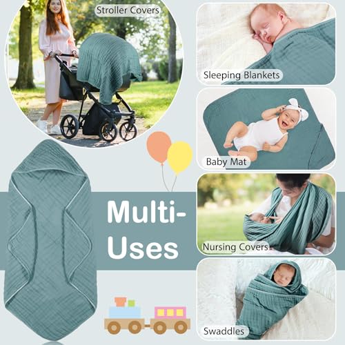 Image of Peryiter Muslin Hooded Baby Towels,32 inchx 32 inch Cotton Newborn Bath Towel Muslin Infant Baby Blankets Absorbent Unisex Newborn Registry Gift for Girls Boys(Teal)