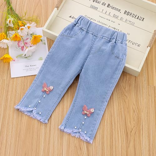 Slit Stretch Bottoms Denim for Kids Children Cute Butterfly Pearl Beaded Jeans Elastic Wasit Trousers Summer Fall2