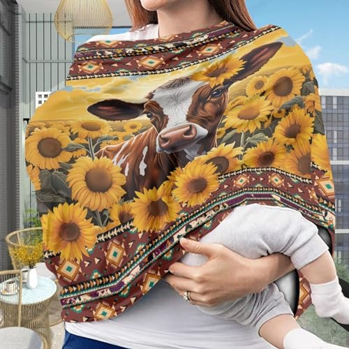 Image of Cow Sunflower Car Seat Covers Dust Cover Decorative Washable Stroller Canopy Covers Lightweight Windproof Stretchy Car Seat Canopy Cover Easy Cleaning