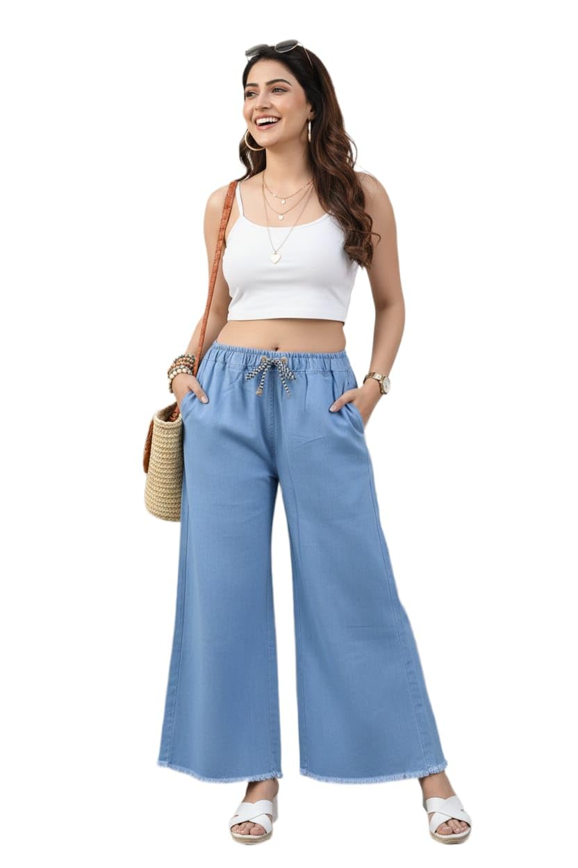 AND Women's Denim Cotton Palazzo Pants, Mid Rise Relaxed Fit, Wide Leg Jeans Style, Casual Wear Trousers in blue