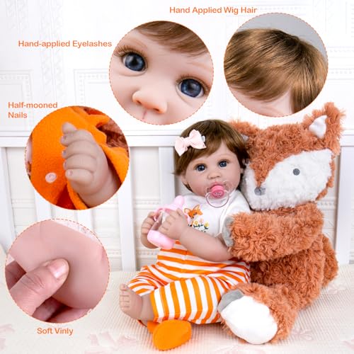 Aori Reborn Lebensechte Puppe, 55,9 cm, weicher Körper mit Fuchs-Outfit, Neugeborene Puppe für Mädchen ab 3 Jahren, Sammler, Therapie und Rollenspiel, Geschenkset für Babypuppe – Bild 6