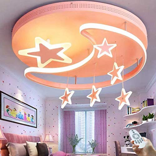 Preisvergleich Produktbild XinZe Kinderlampe Schlafzimmer Deckenleuchte Deckenlampe Pendelleuchte Dimmbar Mit Fernbedienung Moderne Led Kreative Weiß Eisen Acryl Sterne Mond Wolke Kinderzimmer Dekoration Hängelampe,Rosa,52cm
