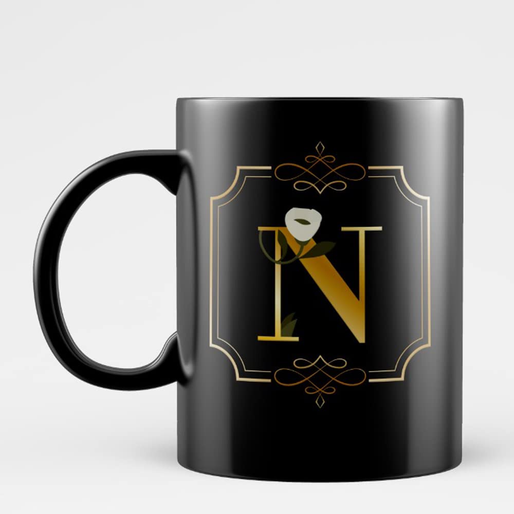 SMILEYOCreative Golden Floral Letter Black Ceramic Mug for Gift (Alphabet N)