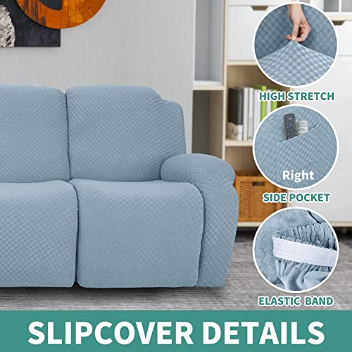 Image of YEMYHOM 6 Pieces Stretch Loveseat Recliner Slipcover Jacquard Recliner Sofa Cover with Side Pocket Fitted Recliner Cover Couch Furniture Protector with Elastic Bottom (Loveseat Recliner, Light Blue)