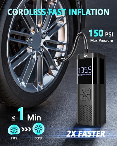Tire Inflator Portable Air Compressor, Cordless Tire Inflator | Air Compressor with LED Light for Car, Motorcycle, Bicycle and Ball, 150PSI Air Tire Pump with Gauge view 3