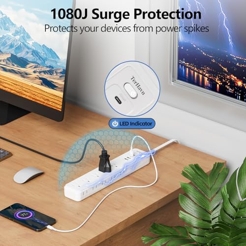 Power Strip Surge Protector,15 Outlets 4 USB 2 USB-C,5Ft Flat Plug,White - image 4