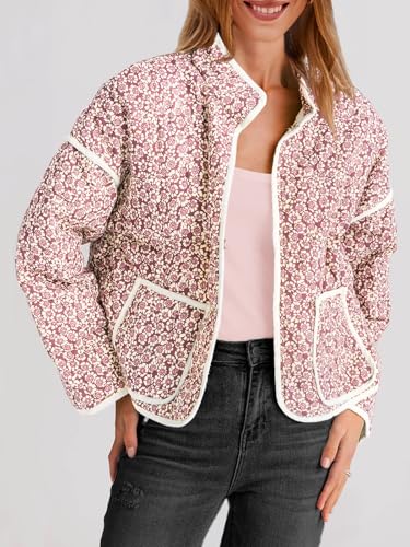Tankaneo Womens Quilted Lightweight Jackets Floral Print Winter Coats Open Front Cardigan with Pockets3