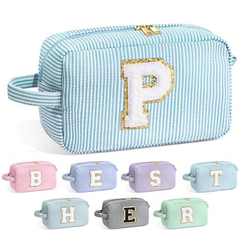 Image of YOOLIFE Initial Cosmetic Bag for Women - Monogram Cute Makeup Bag Cosmetic Case Toiletry Pouch for Women Her Best Friend Sister Teacher, Personalized Birthday Gifts for Women, Light Blue P