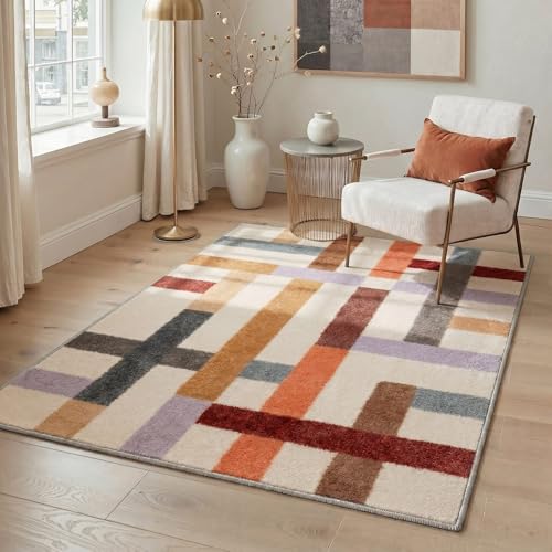 BEIMO 5X7 Area Rugs Minimalist Geometric Grid Rug, Low Pile Non Slip Machine Washable Indoor Rug for Living Room Bedroom Dining Room Home Office, Warm Neutral