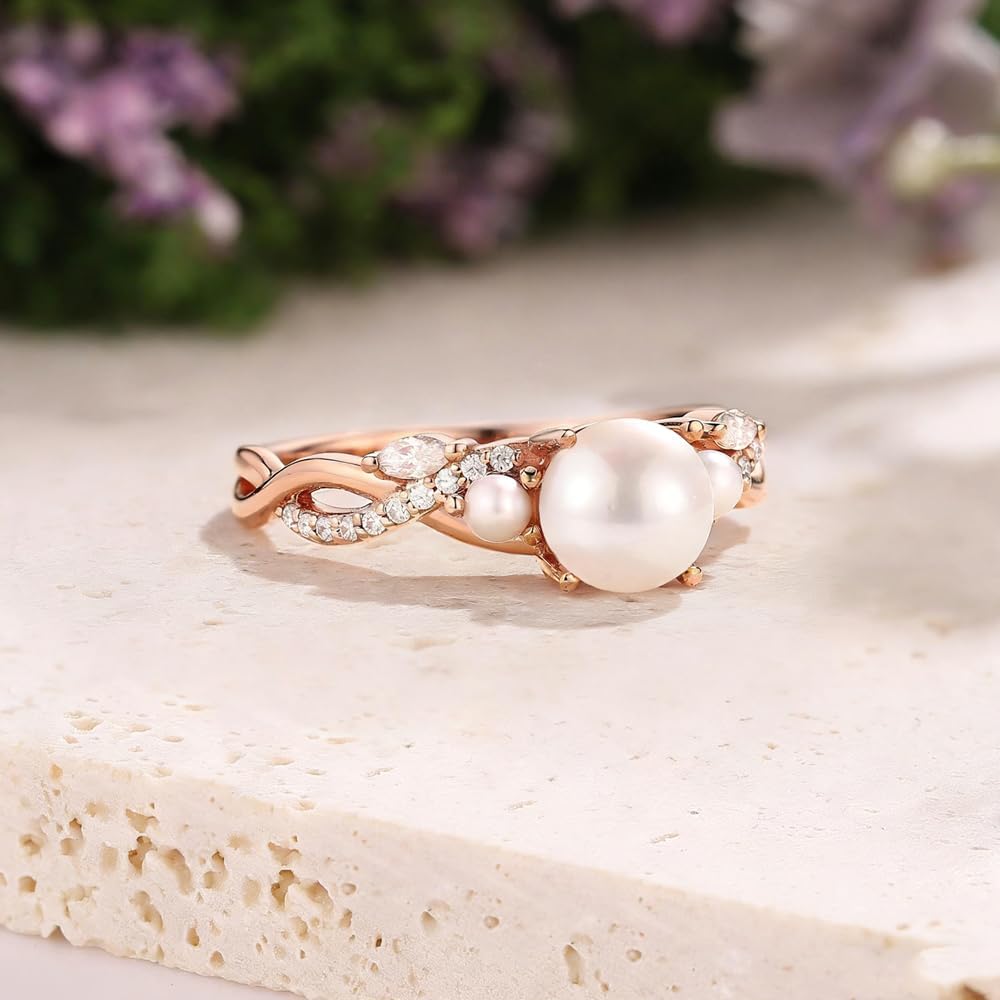 Aihpos 6-6.5mm Pearl Rings For Women 10k 14k 18k Gold Pearl And Moissanite Engagement Ring Art Deco Bridal Marriage Ring Promise Anniversary - Image 4