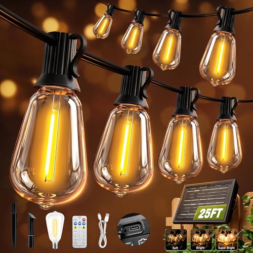 Skoiuc Solar String Lights Outdoor Waterproof with Remote & Timer, LED Shatterproof ST38 Bulbs, USB & Solar Powered Patio Lights for Backyard, Porch, Garden, Wedding, Christmas Decor (25FT)