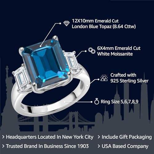 Gem Stone King 8.64 Cttw London Blue Topaz and White Moissanite 3-Stone Ring For Women | 925 Sterling Silver | 3 Stone Wedding Engagement Anniversary Promise Ring | Available In Size 5-92