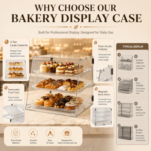 Image of WantJoin Pastry Display Case, 22-inch 2-Tier Countertop Display Case with Magnetic Doors & 3 Trays, Acrylic Commercial Food Display for Bakery, Bread, Dessert,