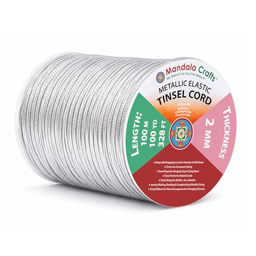 Mandala Crafts 2mm Metallic Cord Tinsel Rope for Gift Wrapping - Silver Cord Wrapping Ribbon - 100 Yds Non-Stretchy Silver Strings for Ornaments
