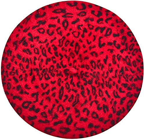 Women French Style Vintage Fashion Lady Leopard Print Beret Hat Wool Soft Winter Warm Beret Beanie Hat Cap (Red)
