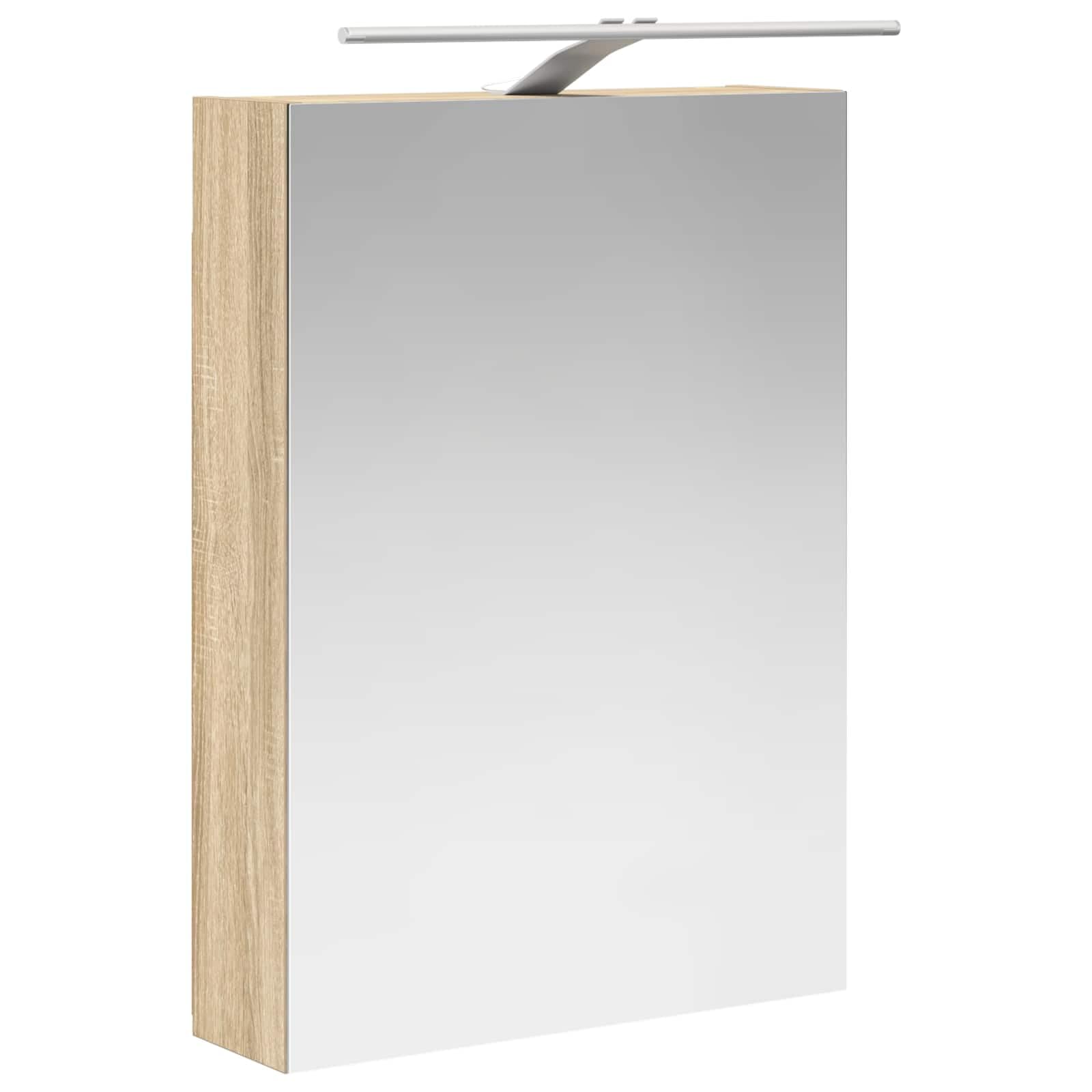 Juego de 5 muebles de baño de roble Sonoma de madera y cristal con espejo LED, montaje en pared para baño moderno, incluye espacio de almacenamiento, iluminación USB, espejo de doble cara