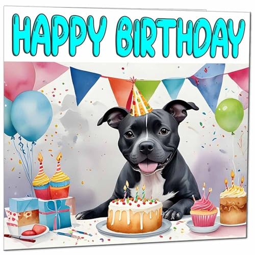 Staffordshire - Tarjeta de cumpleaños de Bull Terrier, tarjeta de cumpleaños Staffie, 145 x 145 mm