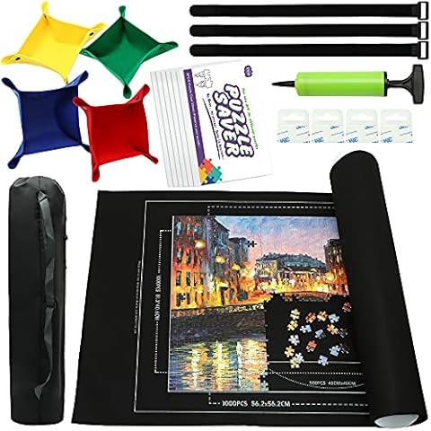Jigsaw Puzzle Mat Roll Up, Puzzle Mat 46” x 26” Portable Up to 1500 Pieces, Puzzle Saver with 9 Pieces Puzzle Glue Sheets for Kids and Adults, Hand Pump Inflatable Tube and Storage Bag (Black) Cover
