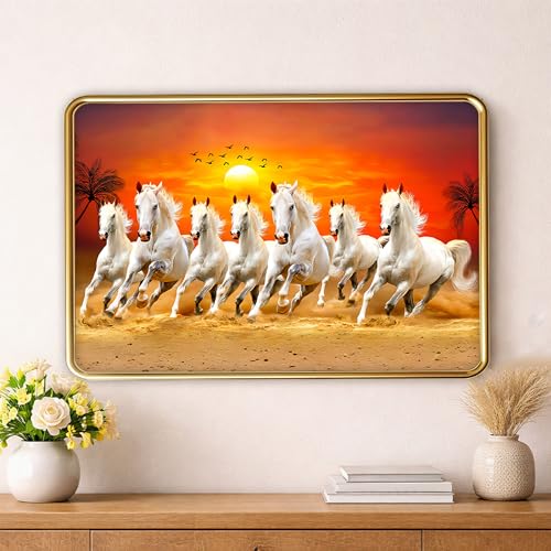Image of XOPY Seven Running Horses with Golden Frame | Vastu 7 horses Raw Pyrite Painting for Home, Office & Living Room Wall Decore | 12X18 Inch Sparkle Laminated Frame | Best For Gifting (53325, 12X18)