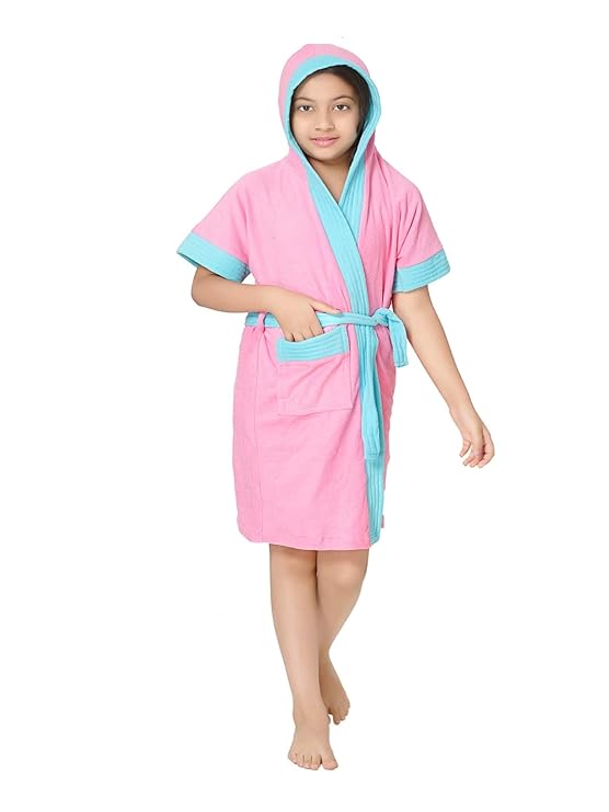 Sand Dune Girls Terry Cotton Hood Half Sleeves, Knee Length Bathrobe Gown with Waist Belt , Pocket (Pink with Sky Blue Border, 6 to7 Years)