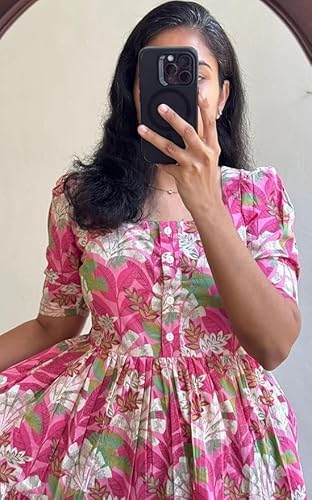 Image of Women's Floral Printed Tiered Midi Dress, Puff Sleeves, Square Neck, Button-Front