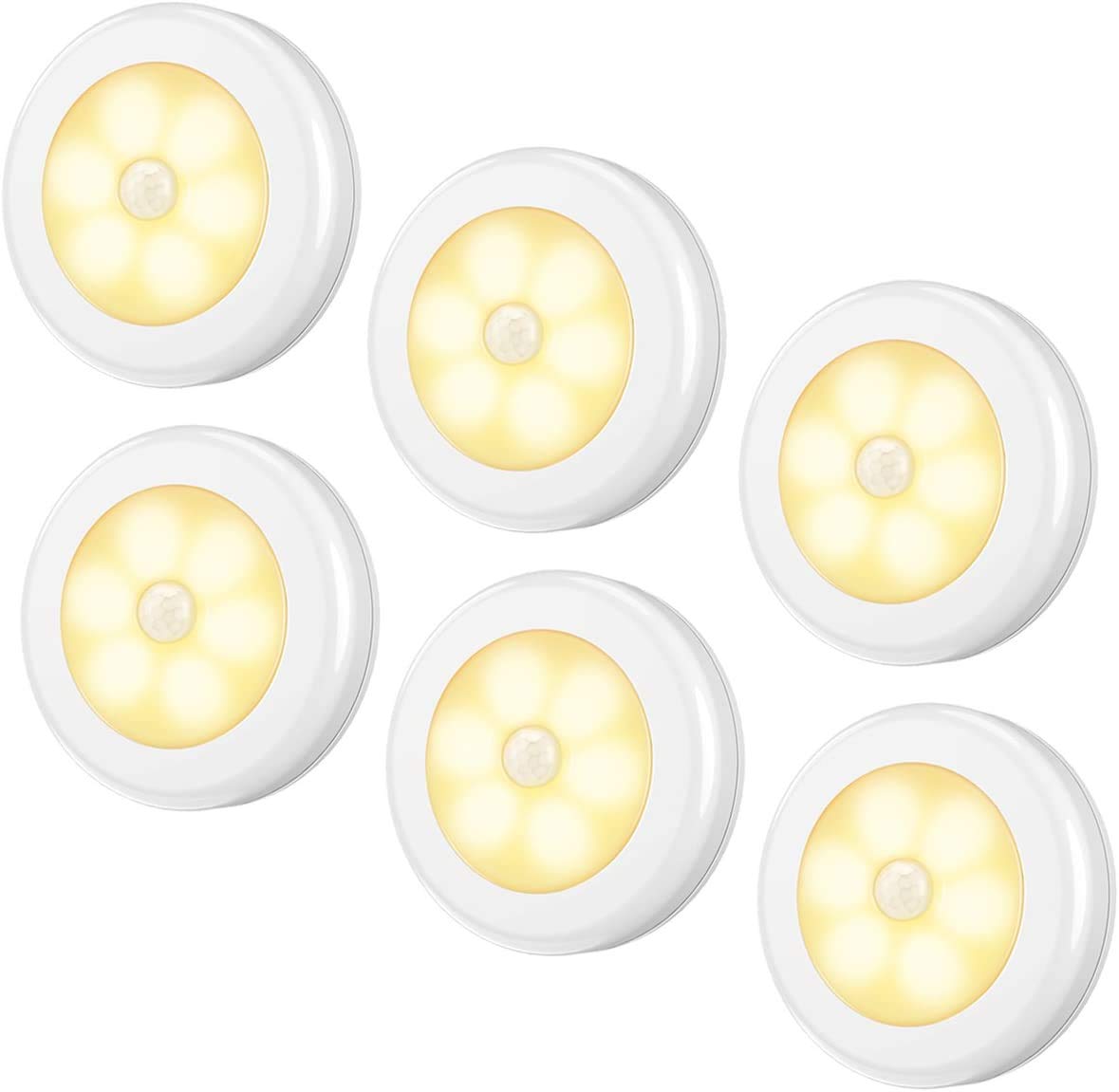 AMIRUpgraded Motion Sensor Light, Cordless Battery-Powered LED Night Light, Stick-Anywhere Closet Lights Stair Lights, Safe Lights for Hallway, Bathroom, Bedroom, Kitchen (Warm White - Pack of 6)