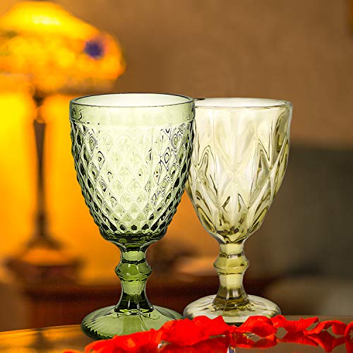 Wine Glass, Colored Glass Goblet, 6Oz/10Oz Vintage Pattern Embossed High Clear Glass Goblets For Party, Wedding (Diamond/Green/Set Of 2, 10Oz) #TOP4