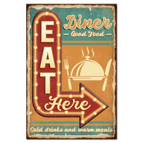 GLOBLELAND Plaque en Métal Vintage de 8x12 pouce 'Dinner Eat Here' Illustration de Bonne Nourriture Signalisation des Restaurants pour Décorer la Maison...