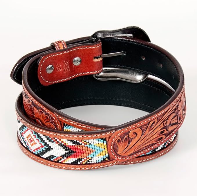 Men's Leather Belt Handmade Beaded Quality Thick Durable Wax Colorful Designs Cowboy Western Style Alloy Classic Fitted Casual Formal Wear in Pant Trouser Jeans Size: Waist 31-34in - Length 39in2