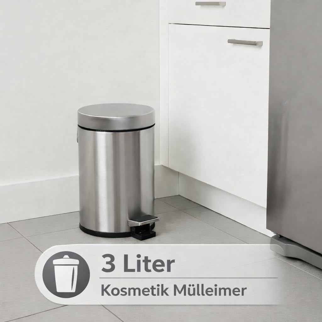 Axentia Pattumiera a pedale in acciaio inox spazzolato opaco, cestino rotondo bagno, cucina, con coperchio e inserto in plastica, ca. 3 l, argento/nero
