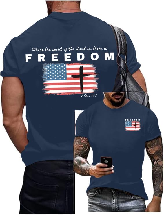 Freedom Shirts for Men 4th of July Patriotic Shirt Christian Cross T Shirt America Flag Independence Day Tops