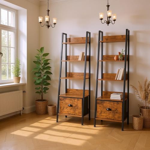 FurnitureR Vitrine en Verre pour Salle à Manger, Style échelle, 42 x 29 x 141 cm, 5 Niveaux, tiroir en Tissu, Panneaux de Bois de 12 mm et Cadre en métal de...