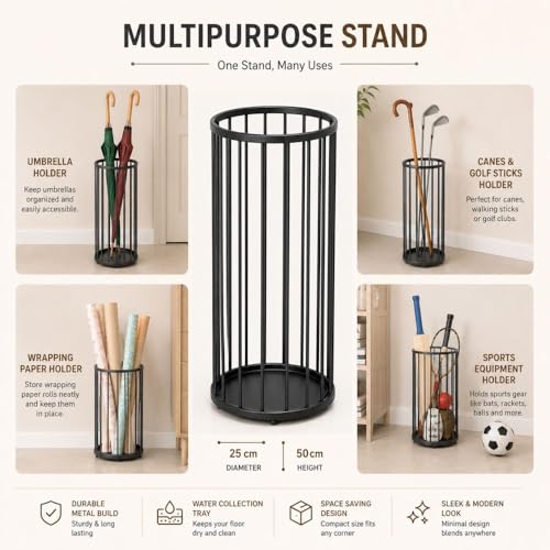Image of Decorlay Wrought Iron Umbrella Stand Rack, Free Standing Umbrella Holder For Canes,Walking Sticks Rustproof And Easy To Clean, Home,Office (Black)