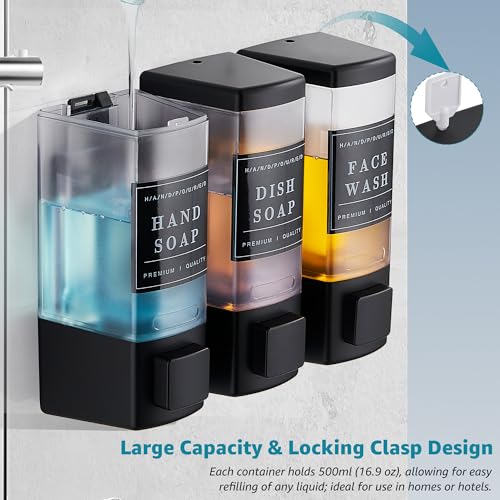 Image of Shampoo and Conditioner Dispenser for Shower, 3 Chamber, Black