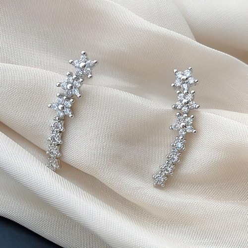 Dainty Cz Flowers Ear Climbers Stud Earrings for Women 925 Sterling Silver Small Trend Flower Cuff Crawler Earrings for Bride 14K Gold Plated White Cubic Zirconia Stud Earrings Wedding Birthday Jewelry Gift3