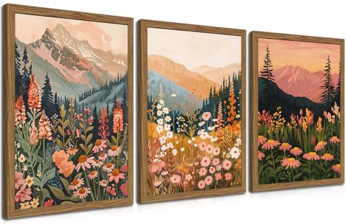 Boho Colorful Landscape Wall Art Set of 3, Vintage Wildflower Mountain Canvas Wall Decor Paintings, Rustic Nature Floral Pictures Prints for Living Room Bedroom 12x16 Inch Wood Framed