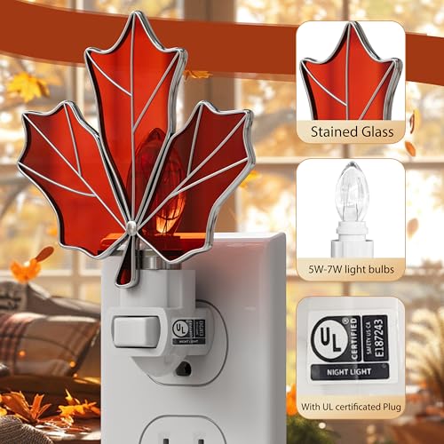 Image of Stained Glass Maple Leaf Night Lights Plug in for Home,7W Warm Light
