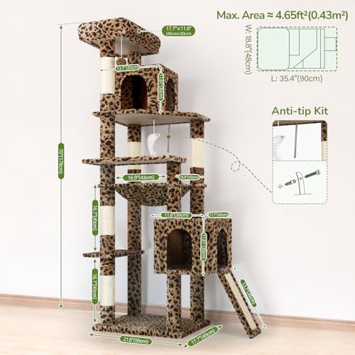 Image of Globlazer Heavy Duty Leopard Cat Tree, 70in Sturdy Cat Tree for Indoor Cats Sturdy Large Cat Tower with Scratching Post & Board, Hammock, 2 Cat Condo for Adult Cats Kittens, F70 Pro, Leopard Print