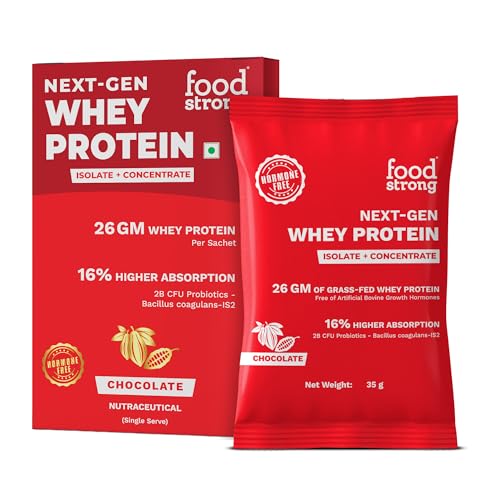 Image of Foodstrong Next-Gen Whey Protein Isolate + Concentrate, 100% Hormone Free Grass-Fed Whey, 26G Protein, Chocolate (Cacao), With Turmeric, Probiotics & Natural Digestive Enzymes For Easy Digestion, Single Serve Sachet, 35G