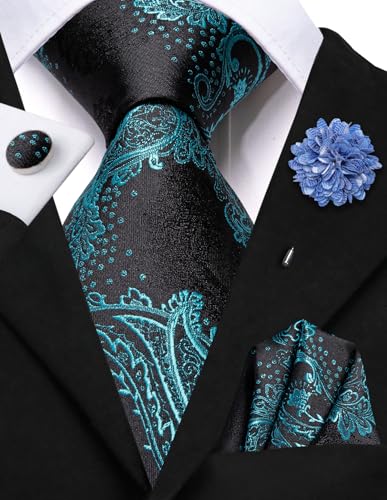 Image of Hi-Tie Men's Tie Lapel Pin Set Pocket Square Cufflinks Formal Woven Silk Tie Sets Wedding Party