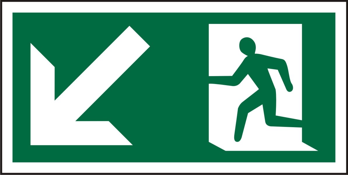 Seco Fire Exit - Arrow Pointing Down & Left & Man Running Left Pictogram Sign, 300mm x 150mm - 1mm Semi Rigid Plastic
