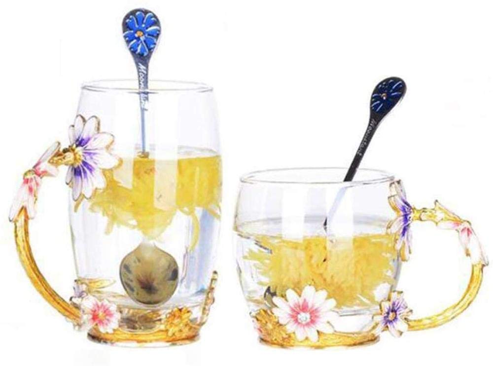 Cadeau fête des mères : duo de tasses à café et thé en verre fleuri avec cuillère