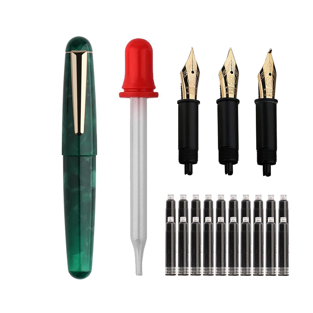SIPLIV Majohn Q2 Mini Resin Fountain Pen Pocket-Size Travel Pen Iridium Fine Nib Fountain Pen with 3 Pen Nibs, Short Size Eyedropper and 20 Black Ink Cartridges - Green