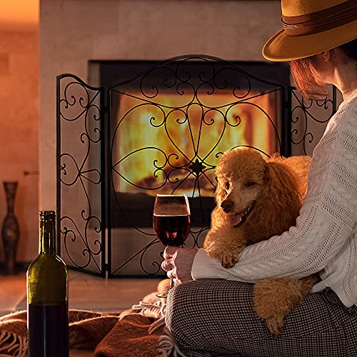 Kaminschutzgitter Kamingitter Funkenschutzgitter Dreiteiliges Gitter gegen Funkenflug Absperrgitter faltbar Türschutzgitter Raumteiler Kamin Funkenschutz Kaminpaneele dekorative Netzabdeckung 127x91cm