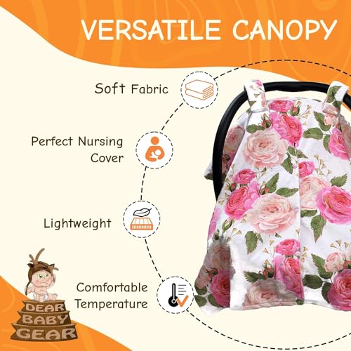Image of Dear Baby Gear Car Seat Cover for Boys & Girls - Baby Carseat Canopy w /Snap Opening - Infant Seat Cover - Stroller & Nursing Covers - Newborn Carrier Canopy - 40x30 (Pink Rose - Pink Dot)