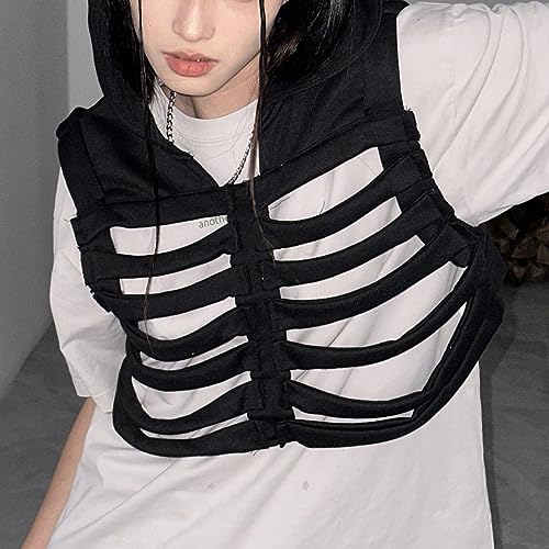Women Gothic Skeleton Vest Y2k Hoodies Sleeveless Waistcoat Hollowed Skeleton Gilet For Men Unisex Outwear3