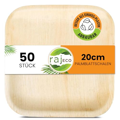 Raj Einweg Palmblatt Teller Kompostierbar - 50 Quadratische Party Teller (20 cm) Natürliches Holz Umweltfreundlich Elegant Biologisch Abbaubar und Einweg Dessert- und Vorspeisenteller